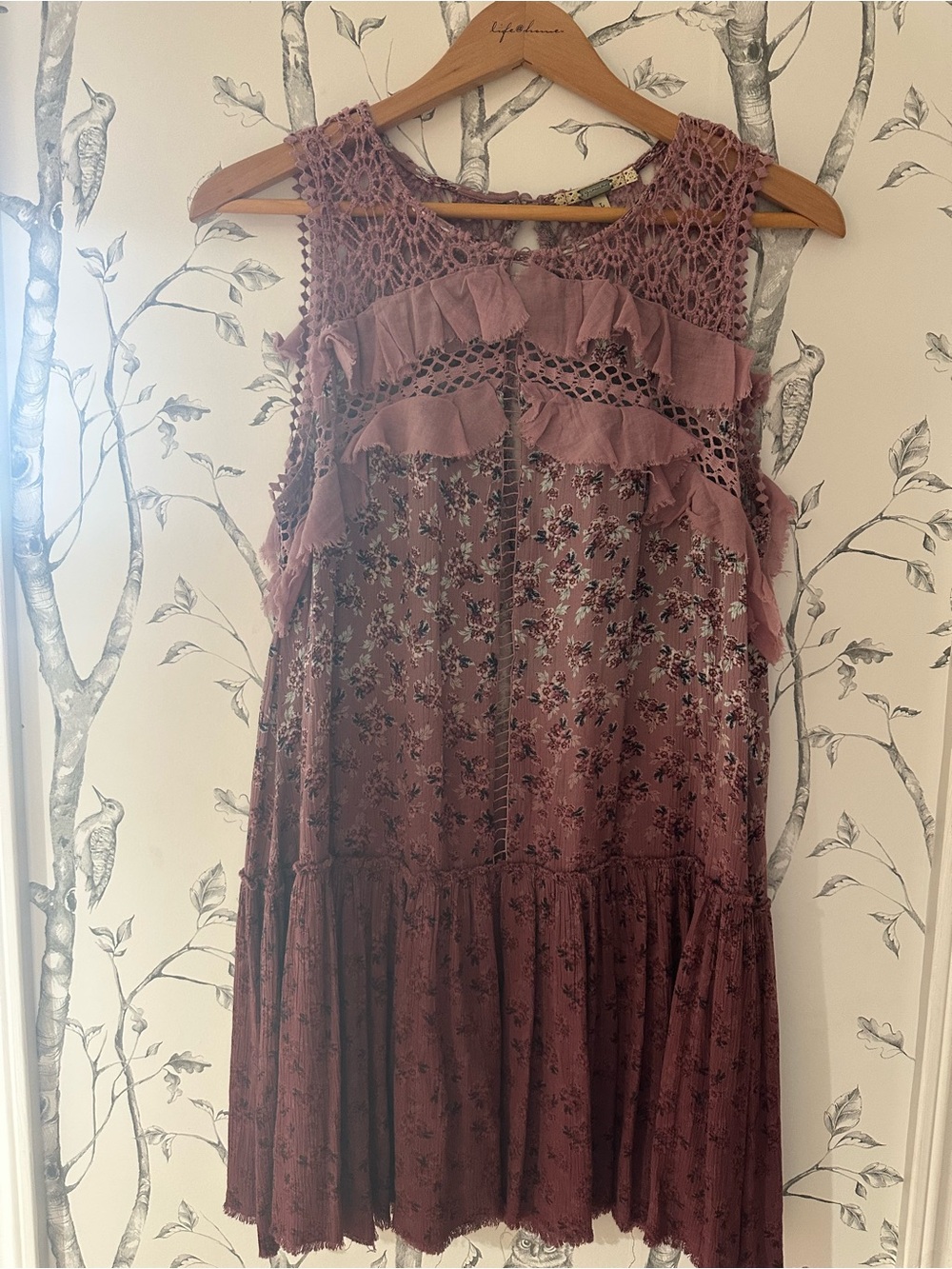 Dusty Mauve Floral Crochet Ruffle Boho Midi Dress L